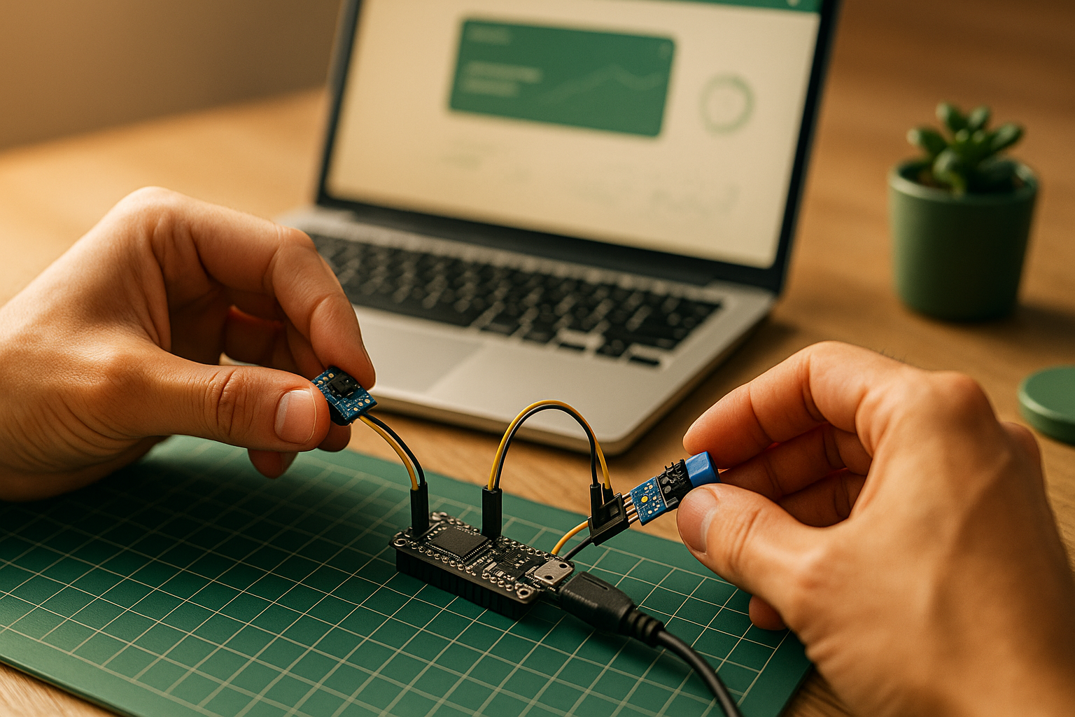 Student wiring IoT sensors with laptop dashboard in background